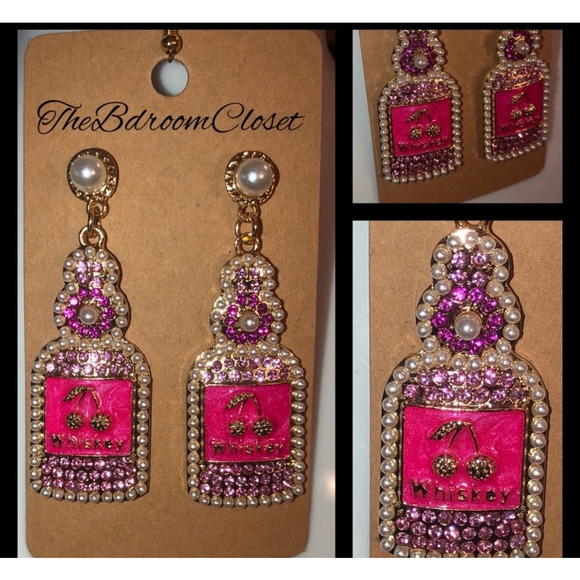 Women's Pink Whiskey Bottle Design Earrings NIP - Picture 1 of 4
